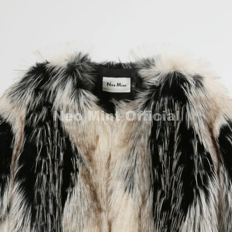 Neo Mint Luxury Brand Design Striped Patchwork Fur Jacket Women Winter Fluffy Faux Fox Fur Coats Chic Girls Thick Warm Outerwear