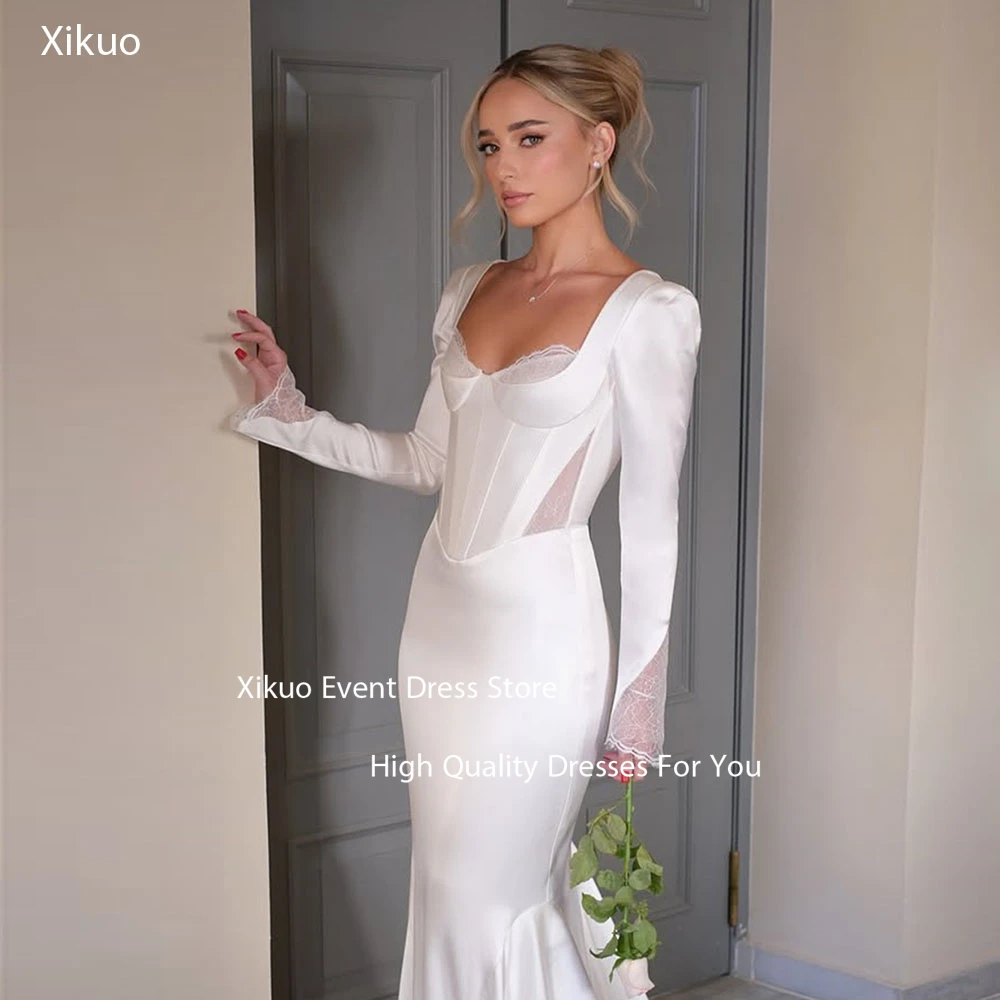 

Xikuo Modern Lace Trim Wedding Dress Long Sleeves Pleated Bridal Gowns Mermaid Square Neck Ruffles Vestido De Novia Customized