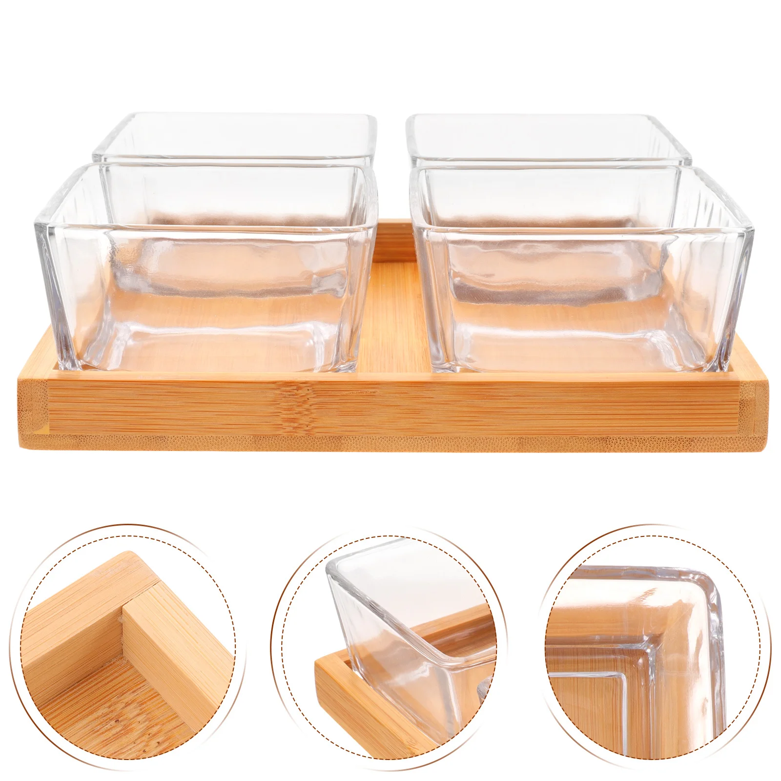 

1Set Glass Snacks Plate Bamboo Tray Party Wedding Home Food Organizer Glass Snack Dish Snacks Dish with Tray