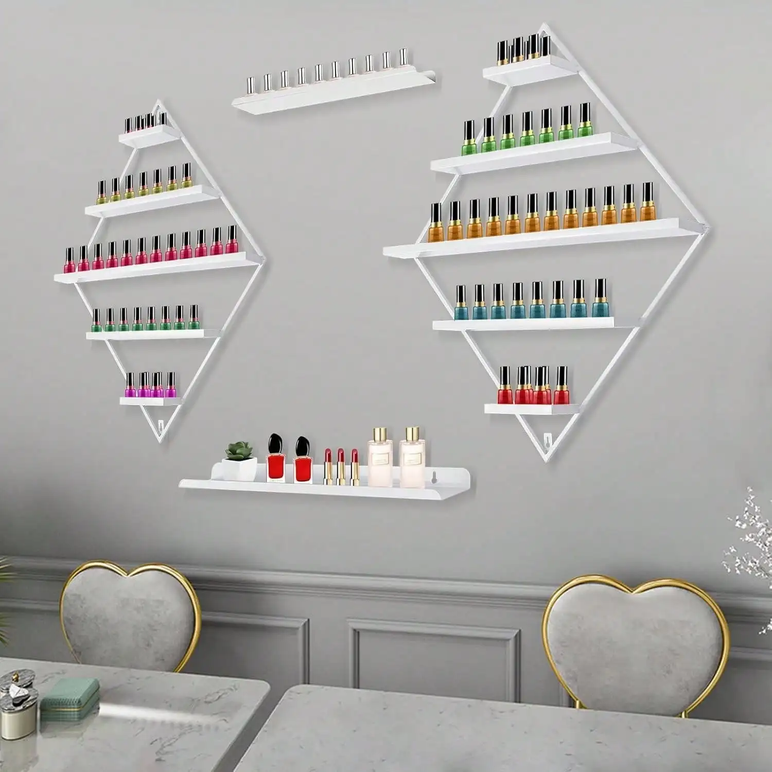 

5-ярусный органайзер для лаков для ногтей в форме ромба, металлические настенные полки для лаков, настенные стойки для лаков для магазинов и салонов красоты