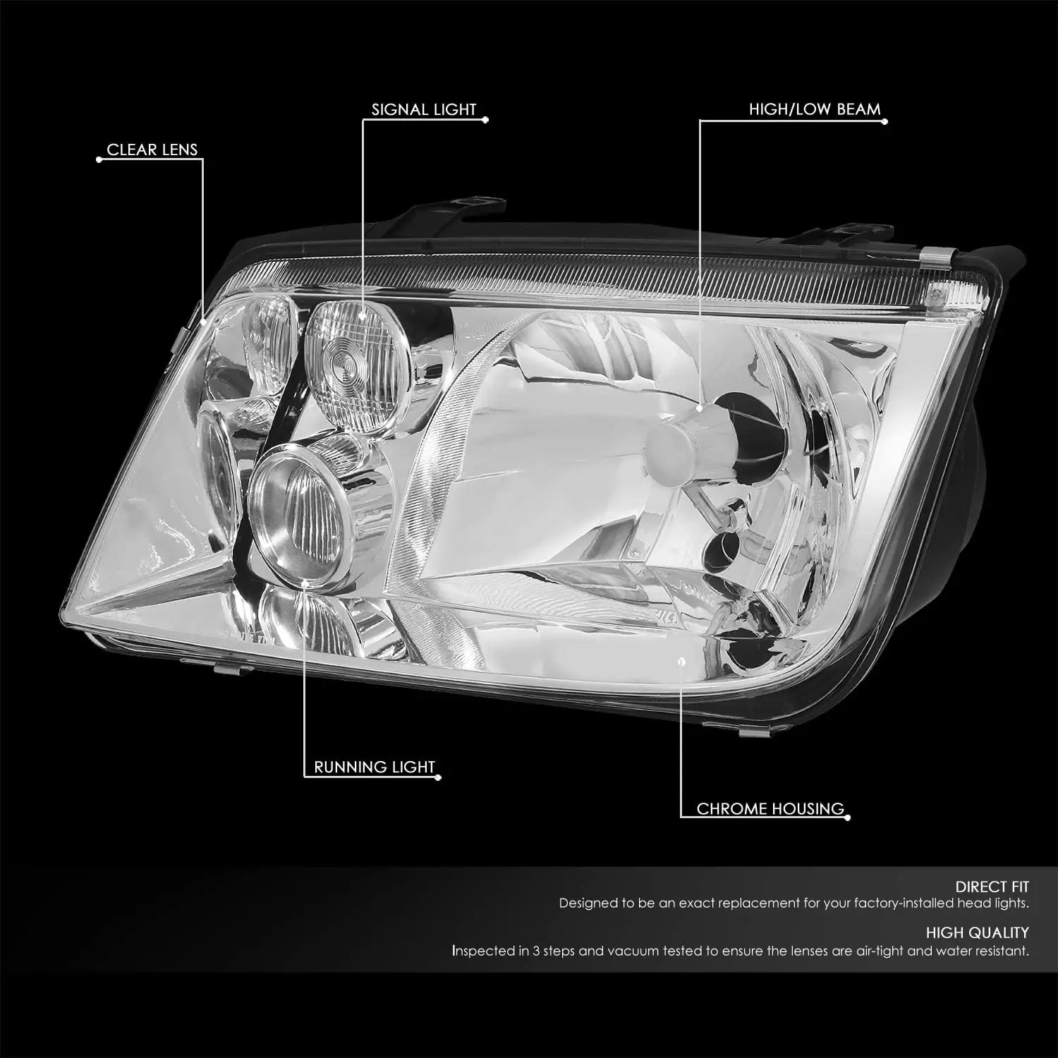 Pair of Euro-Spec E-Code Style Headlight Assembly with Integrated Fog Light, Chrome Housing Clear Lens, Compatible with 1999-200