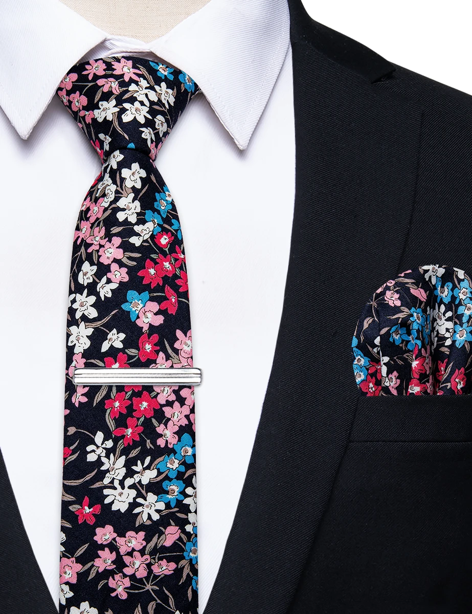 

Luxury Black Floral Tie for Man Red Pink White Blue Flower Pattern Necktie foe Wedding Party Pocket Square corbatas para hombre