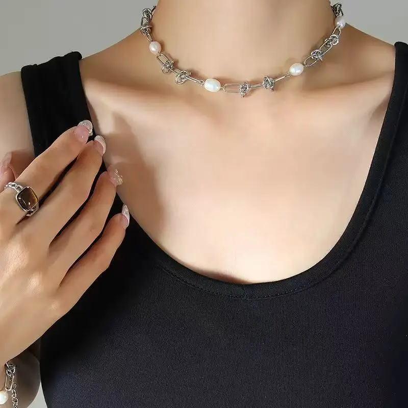EILIECK 316L Edelstahl Metall Goldfarben Perlenknoten-Ketten-Halsketten-Armband-Set für Damen, Modisches Statement-Schmuckgeschenk – Detail 9
