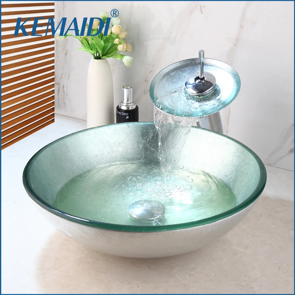 KEMAIDI Mint Green Art Hand-Made Vessel  Basin Sink Faucet Bath Set Bathroom Glass Basin Vanity Chrome Brass Faucet Set Tap