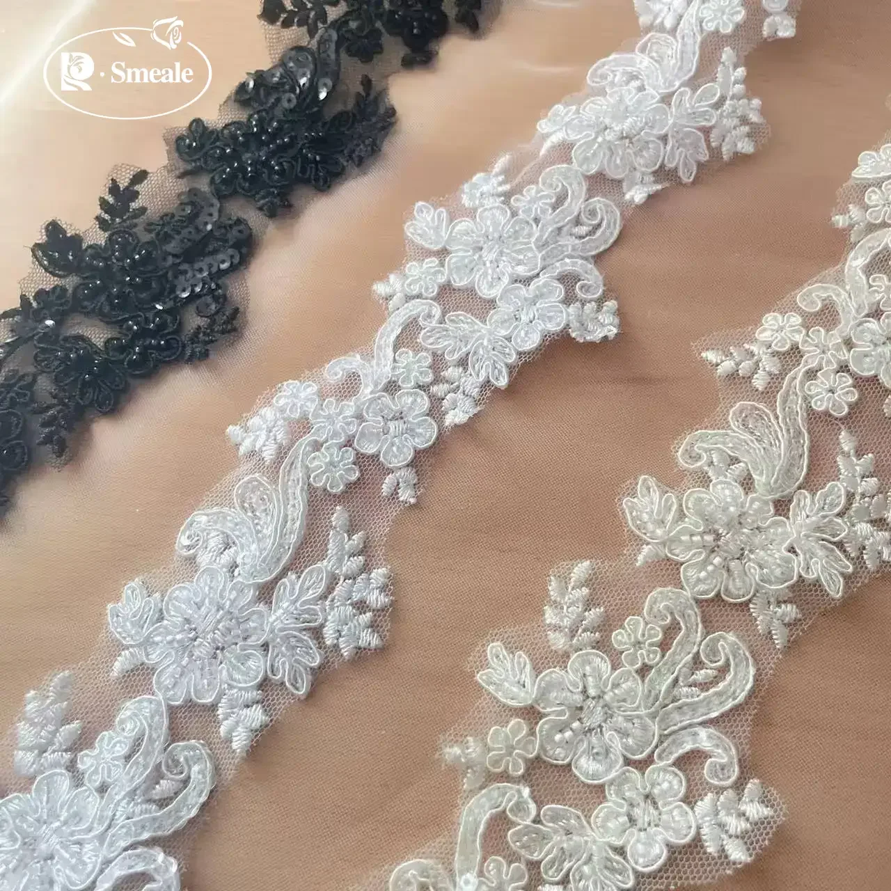 5Yards/lot Beaded Bridal Flower Lace Trim, DIY Veil, Sewing Accessories, High Quality Rayon, Wedding Dress RS1338