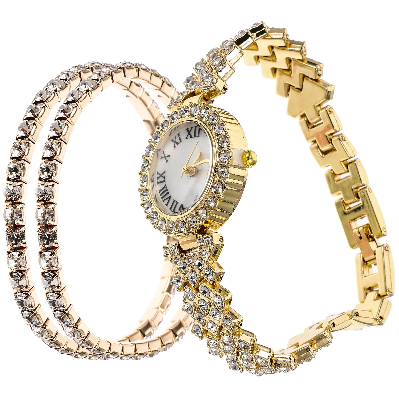 2pcs Rhinestone Watch Bracelet Set Shiny Quartz Watch For Women Lightweight Durable Stylish Fashion Accessory Matching Any