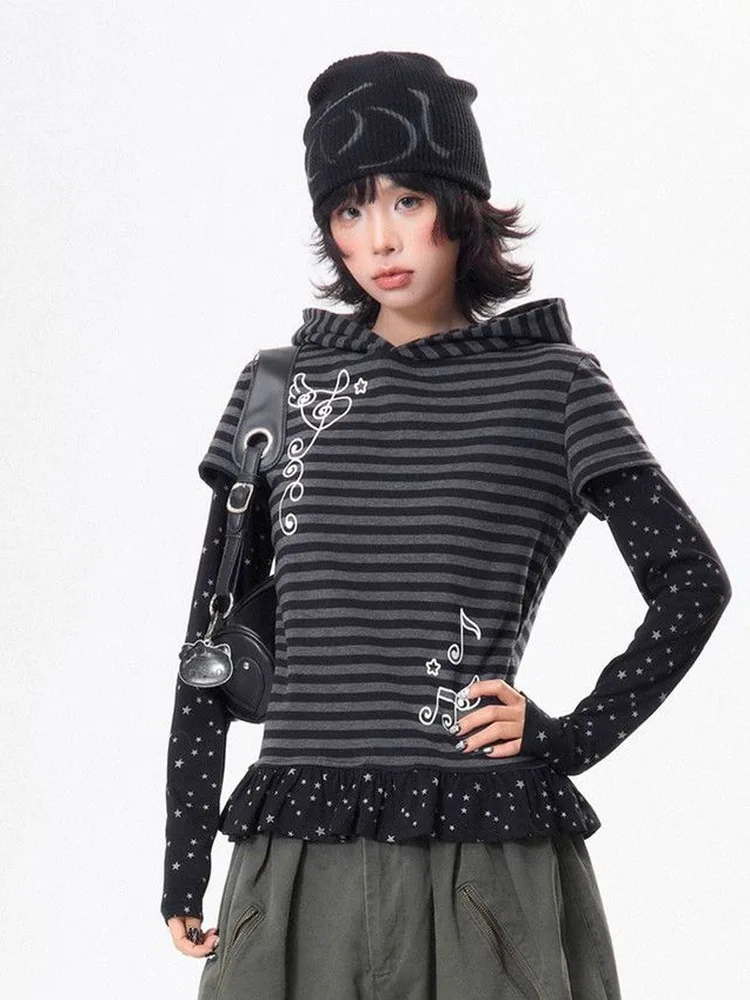 Y2K Subculture Light Star Polka Dot Long Sleeve T-Shirt Women's Spring Autumn Hooded Base Layer Shirt Inner Wear Top