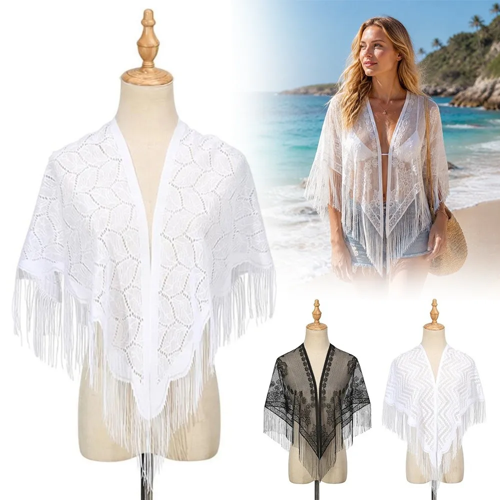 Fashion Pure Color Women Shawl Transparent Hollow Mesh Triangle Scarf With Tassel Tulle Wedding Bridal Shawl Cosplay