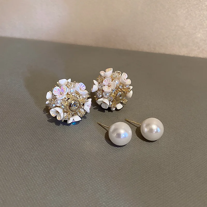 925 silver needle zircon pearl flower earrings French vintage shell ball studs super fairy versatile earrings  free shipping