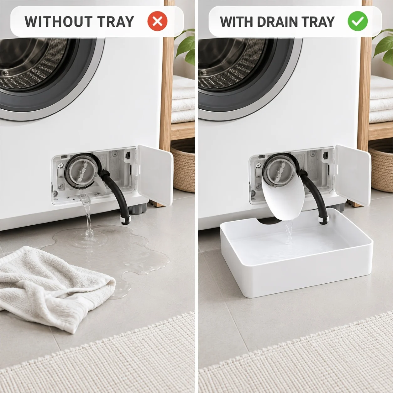 Washing Machine Drain Filter Cleaning Tray Set Low Profile Water Catch Pan with Drain Guide and Hose Clip Leakproof Protector