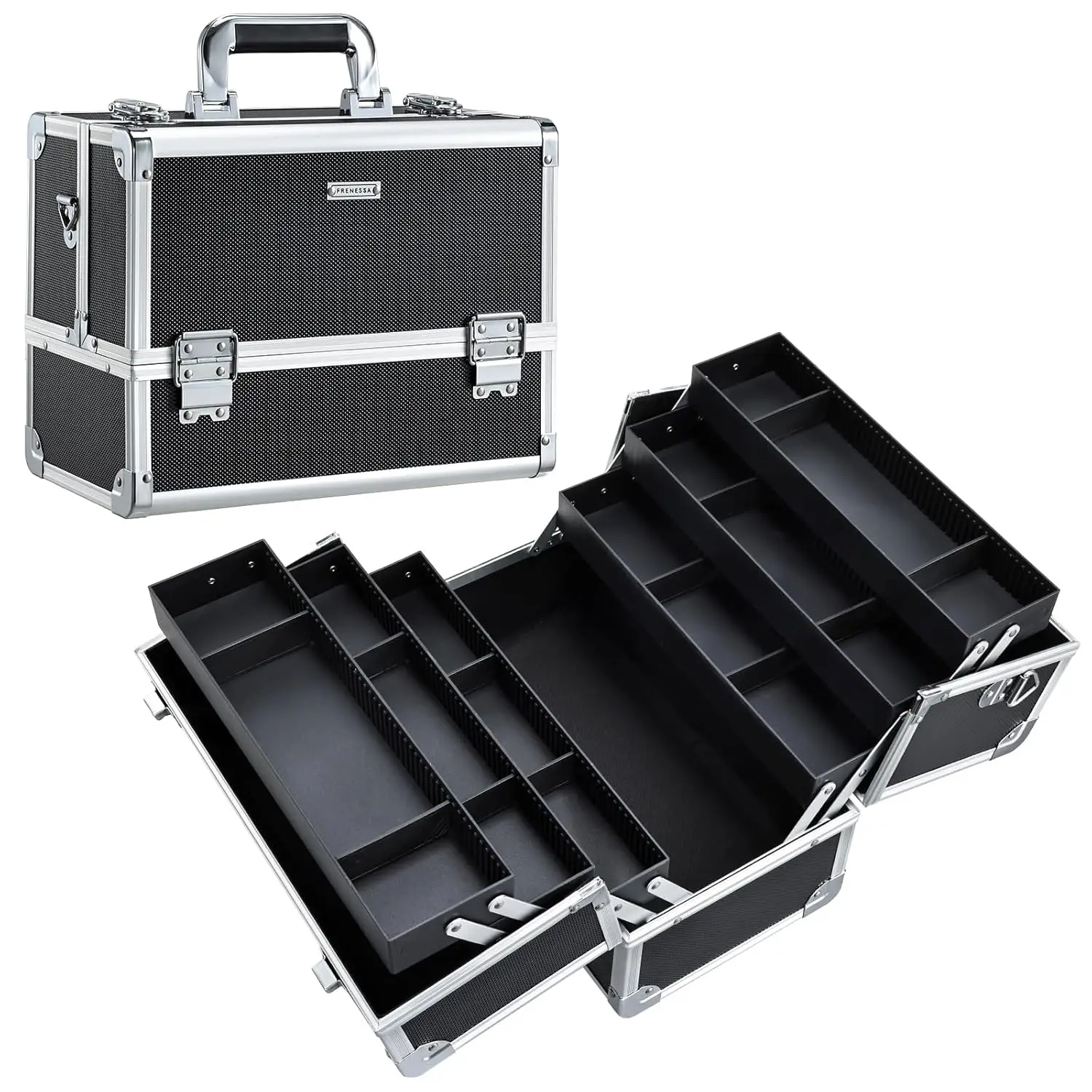

Large Professional Makeup Train Case with 6 Trays, Locking Shoulder Strap, Hard Vanity Storage for Travel