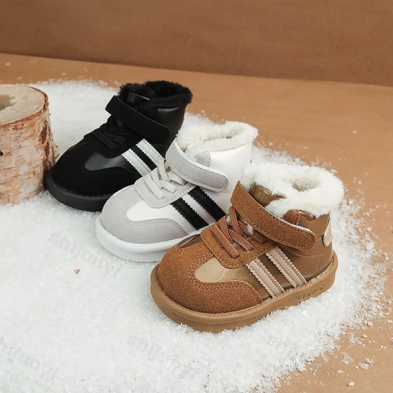 

2025 зимние новые модные трендовые высокие повседневные плюшевые зимние ботинки для мальчиков, детские теплые удобные универсальные хлопковые ботинки на мягкой подошве