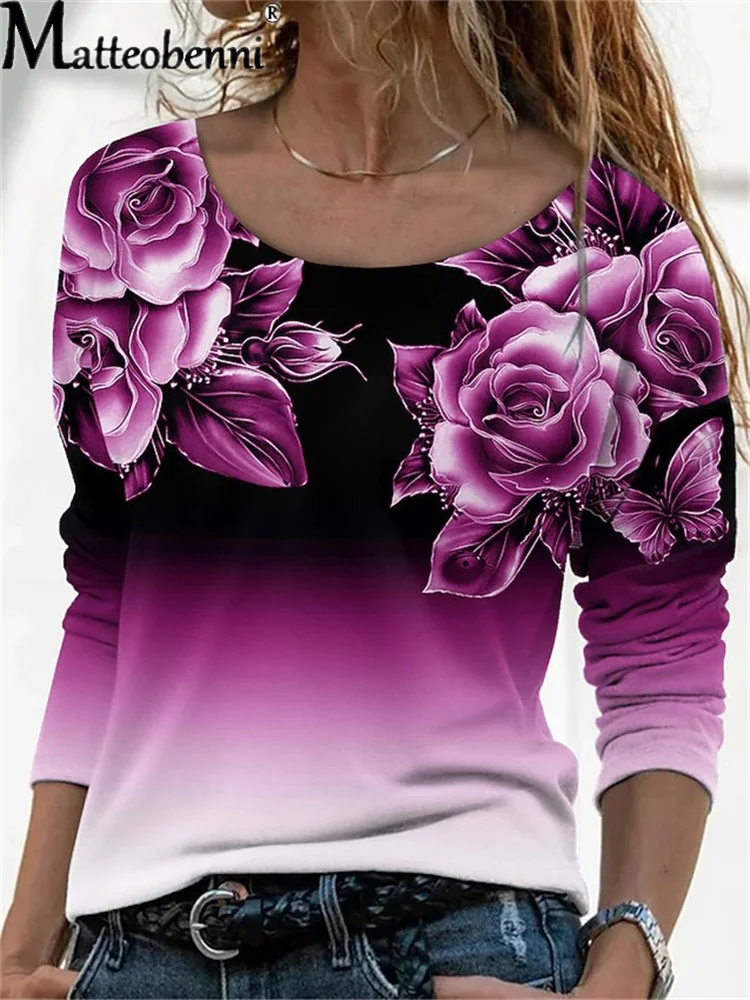 3D Floral Druck Langarm Top Casual Frauen Oansatz T-Shirts Gradienten Farbe Gedruckt Lose Herbst Frühling Mode Kleidung Dame