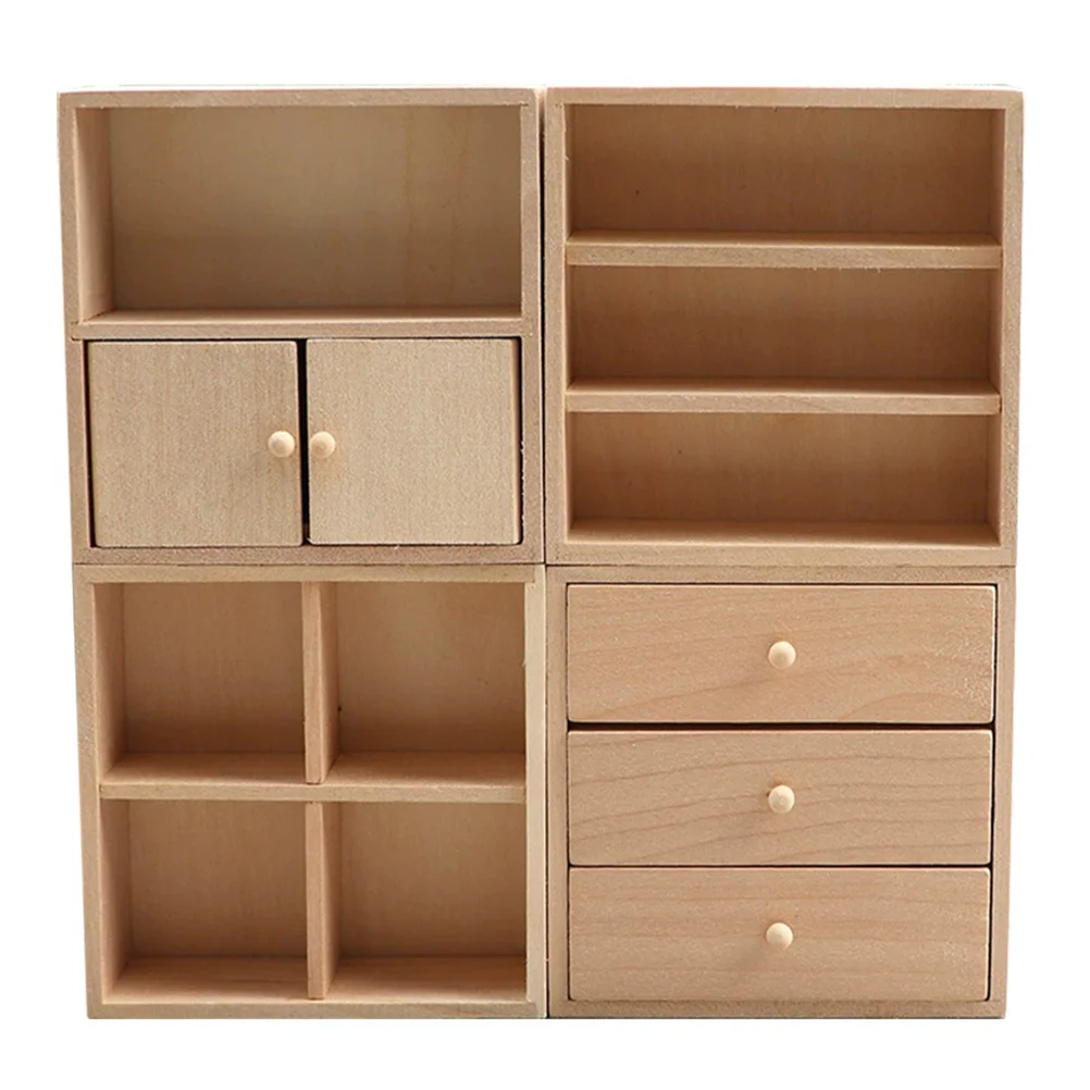 

4Pcs Unfinished Mini Wood Cabinet Set for Dollhouse DIY Furniture Craft Natural Solid Wood Tiny Bookcase Home Display