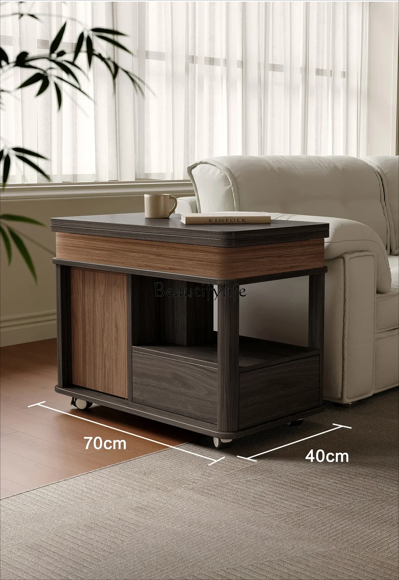 

02Movable trolley Multifunctional side cabinet Small table Folding desktop Household solid wood lifting coffee table