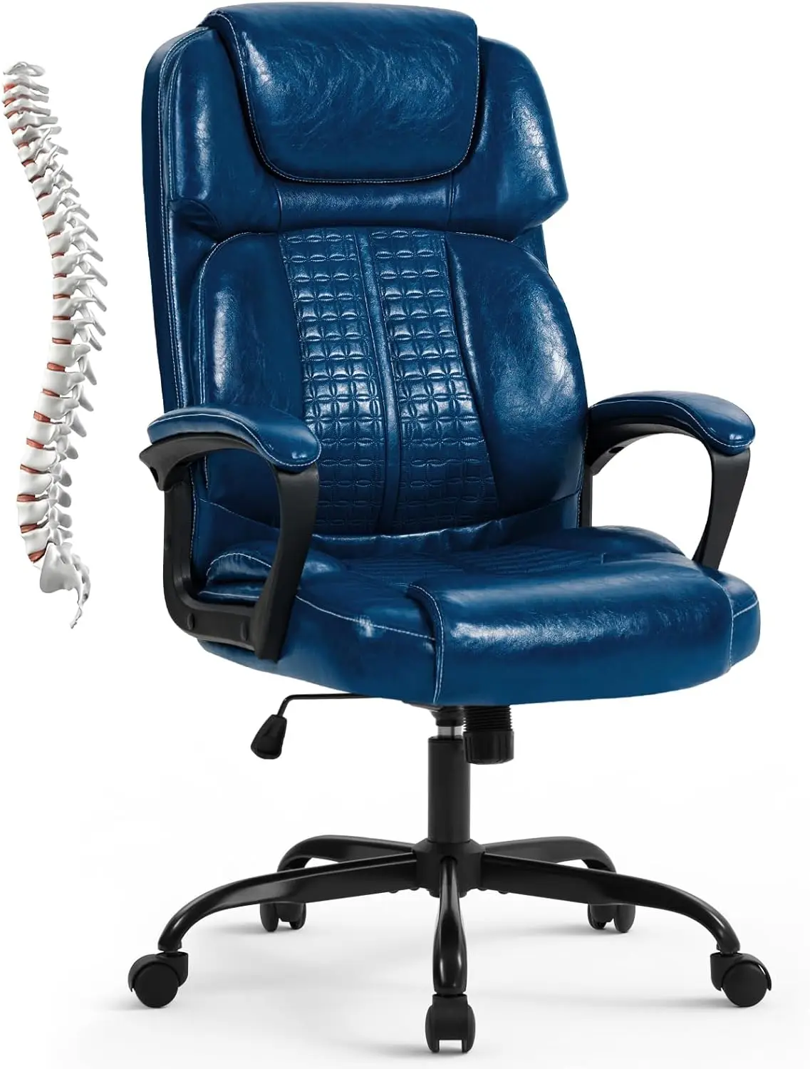 High Back Executive Office Chairs Blue Leather Computer Desk Chair with Wheels and Arms,Comfy Swivel Rocking Ergonomic