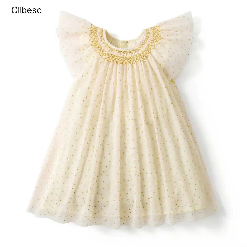 2025 Flying Sleeves Dress for Infant Toddler Solid Boutique High Quality Clothes Summer Girls Dresses Round Neck Baby Clothing