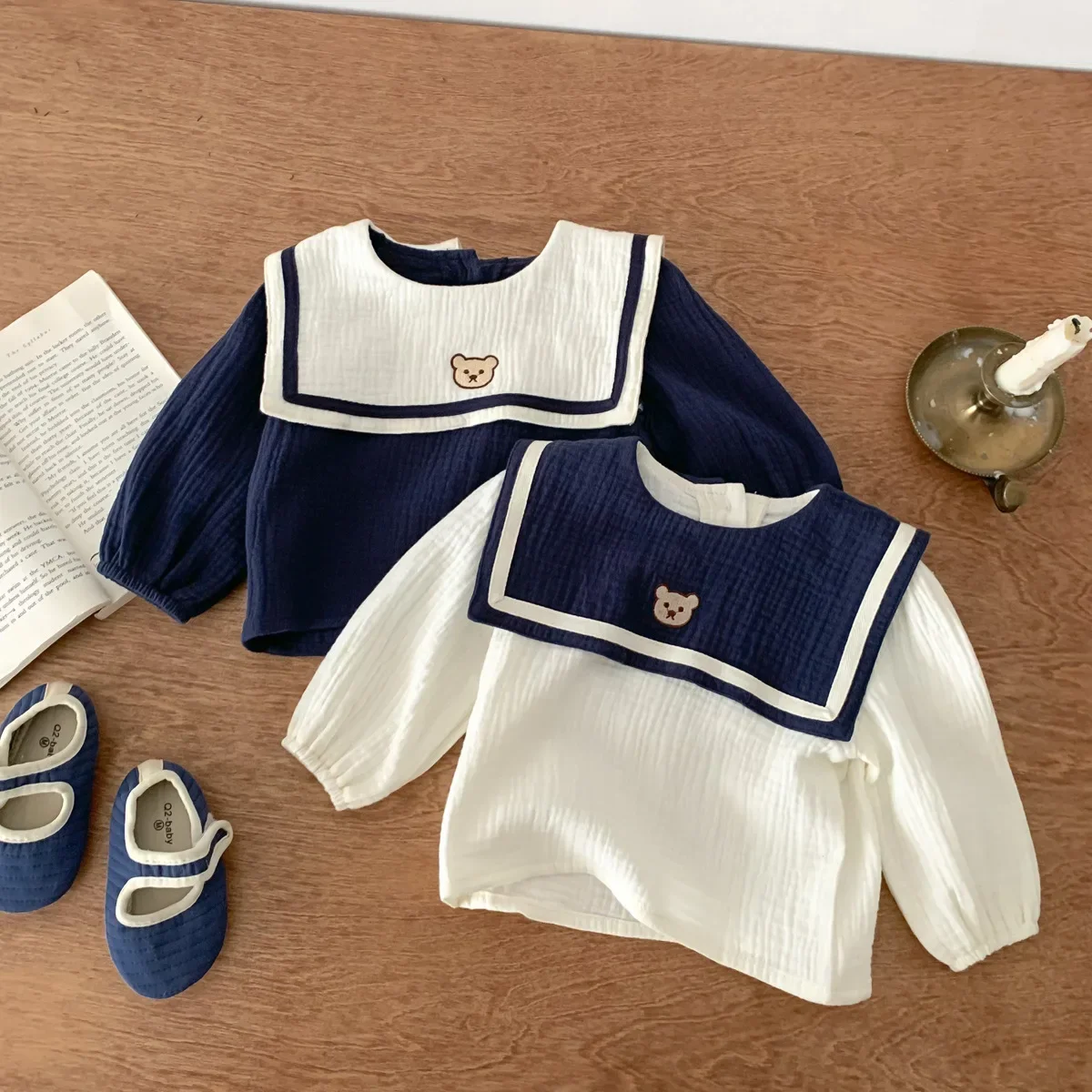 New In Autumn Kids Baby Girls Full Sleeve Naval Leader Bear Top T-shirts+solid Shorts Toddler Infant Cotton Clothing Set 2pcs