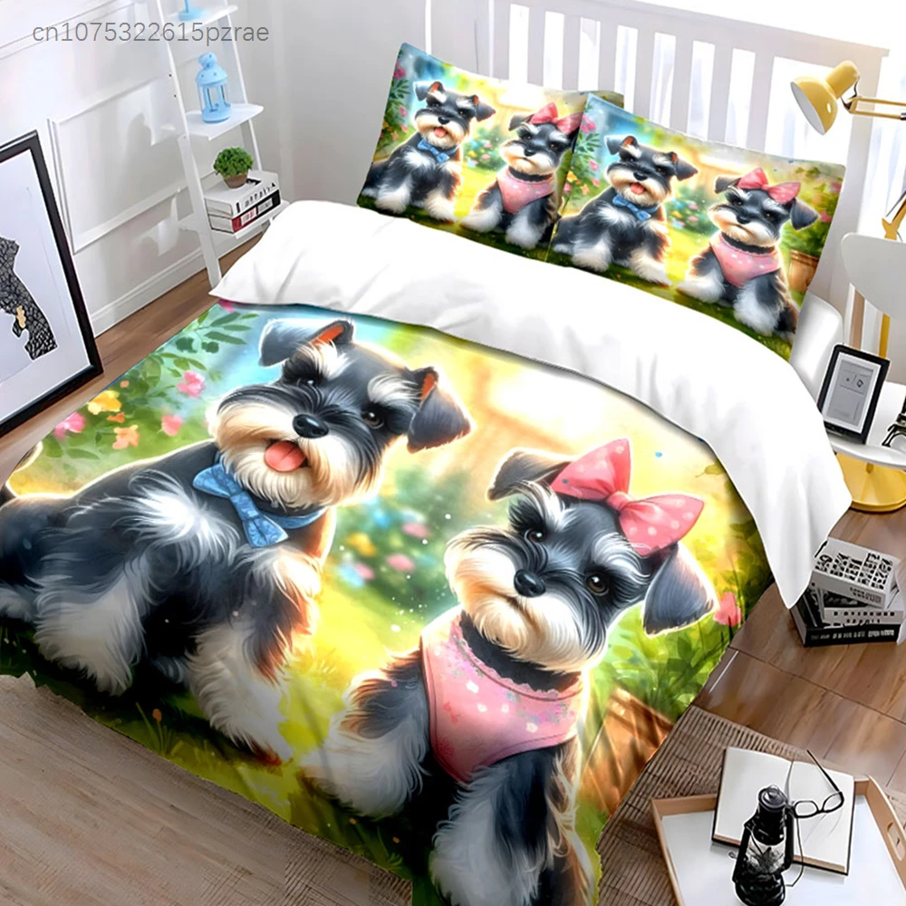 Pet Garden Trio: Cute Schnauzer Decor Multiple Sizes kid's And adults' Bedroom Exquisite 3PC Bedding set, Gift