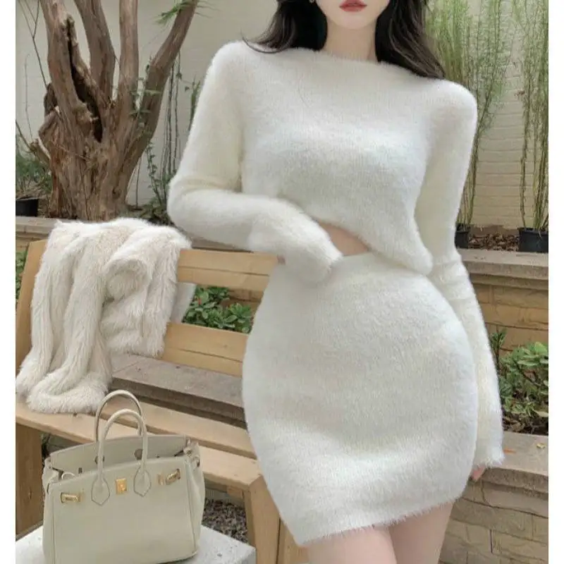 

Женские комплекты юбок из двух предметов, вязаная юбка на бедрах с запахом, облегающие свитера с круглым вырезом и длинными рукавами, однотонный повседневный костюм, осень 2025 г.