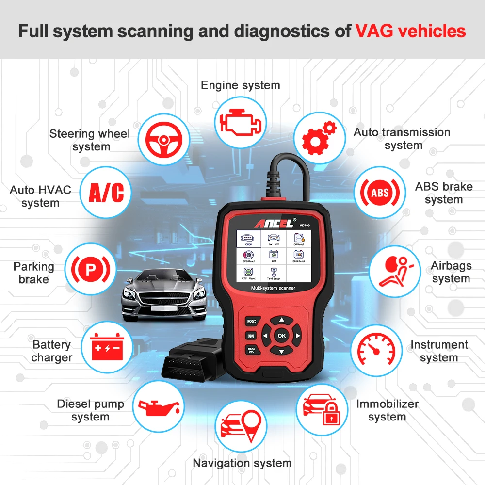 ANCEL VD700 OBD2 Automotive Scanner Full System EPB DPF Oil TPMS BMS Airbag Reset OBD Car Diagnostic Tool for VW Audi Skoda Seat