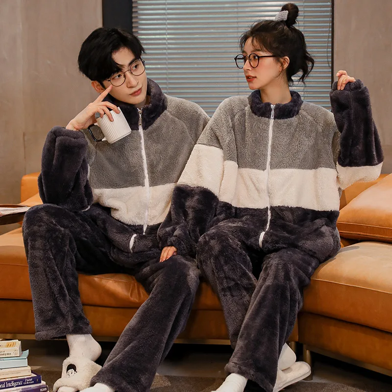 Autunm Winter New Women Flannel Homewear Couple Loose Casual Sleepwear Men Long Sleeve Coral Velvet Pajamas Nightwear