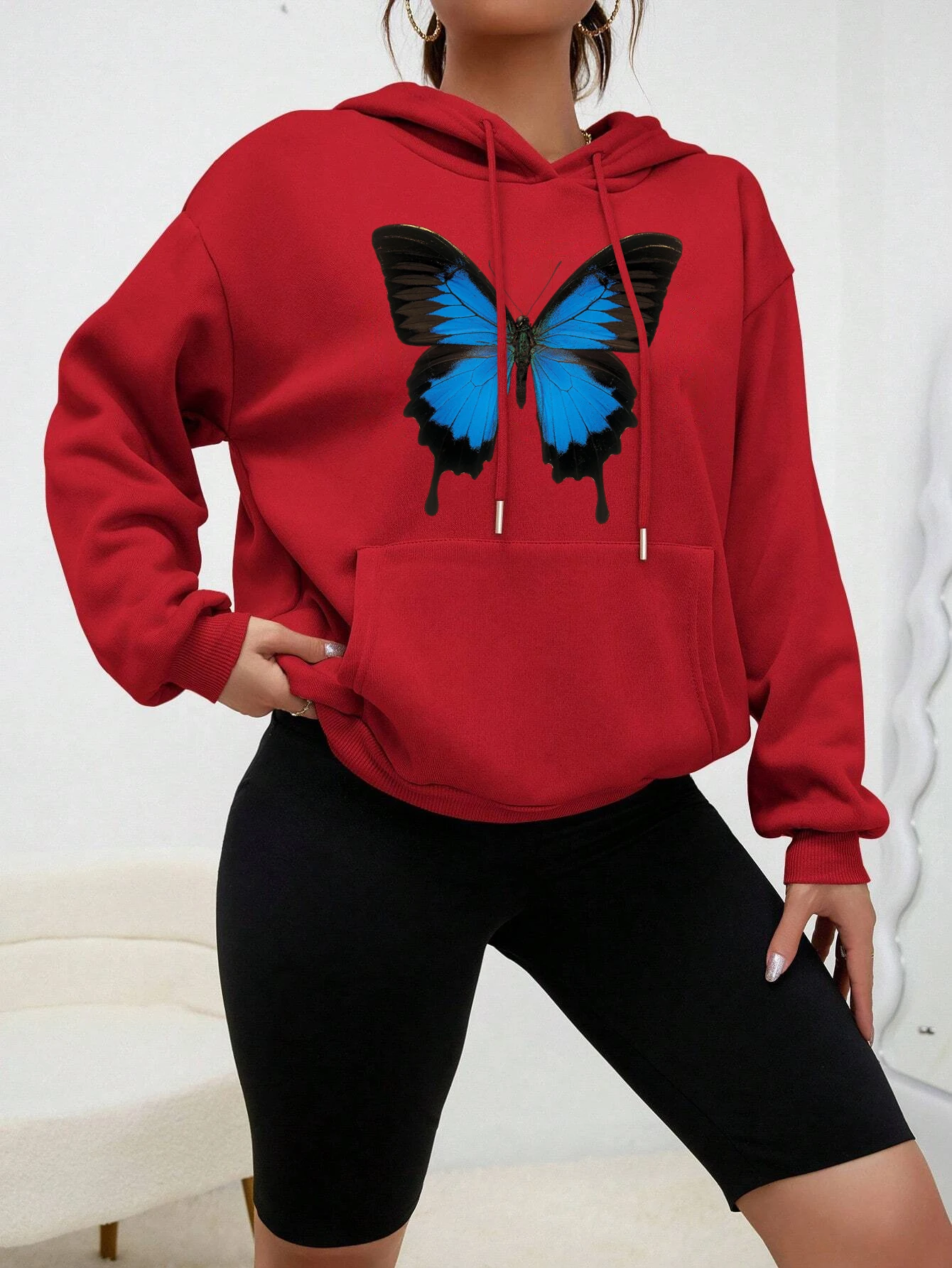 Blue Butterfly Art Prints Hoody Women Cartoons Casual Clothes Fashion Comfortable Pullover Street Style Fleece Female Hoodies