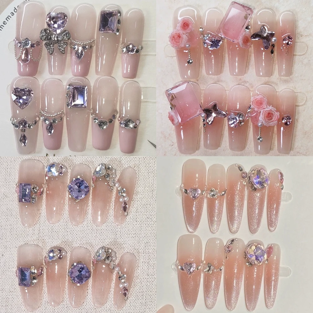 

10Pcs Pink Gradients Fashion Charm Nail Party Sticker Rhinestone Flowers Gold Magic Mirror Powder Design Wearable Manicure