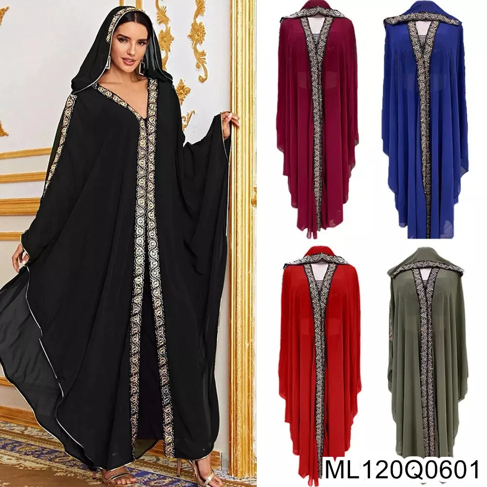 Robes brodées en mousseline de soie du moyen-orient et de l'afrique, châles musulmans, cape à capuche, Robes et smocks à manches chauve-souris ML120Q06