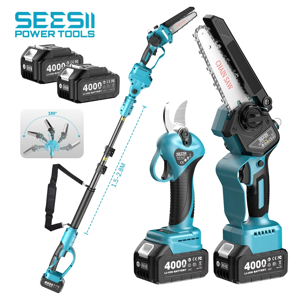 Seesii – ciseaux électriques 3 en 1, sans fil, 30mm, tronçonneuse électrique sans balais de 6 pouces avec Extension de 2.4m, outil à tige télescopique