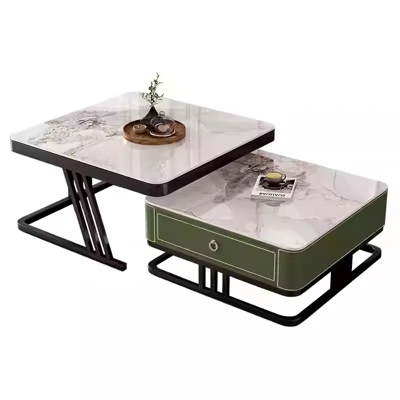 Saddle leather square glass rock slab coffee table small apartment combination household living room light luxury simple coffee