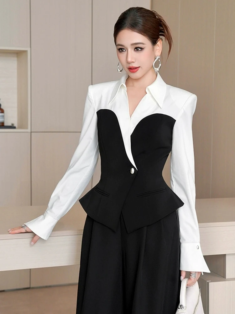 Mode Elegante Shirts für Frauen Professionelle Klassische Weiß Schwarz Splice Polo Bluse Femme Arbeit Stil Business Tops Mujer Frühling