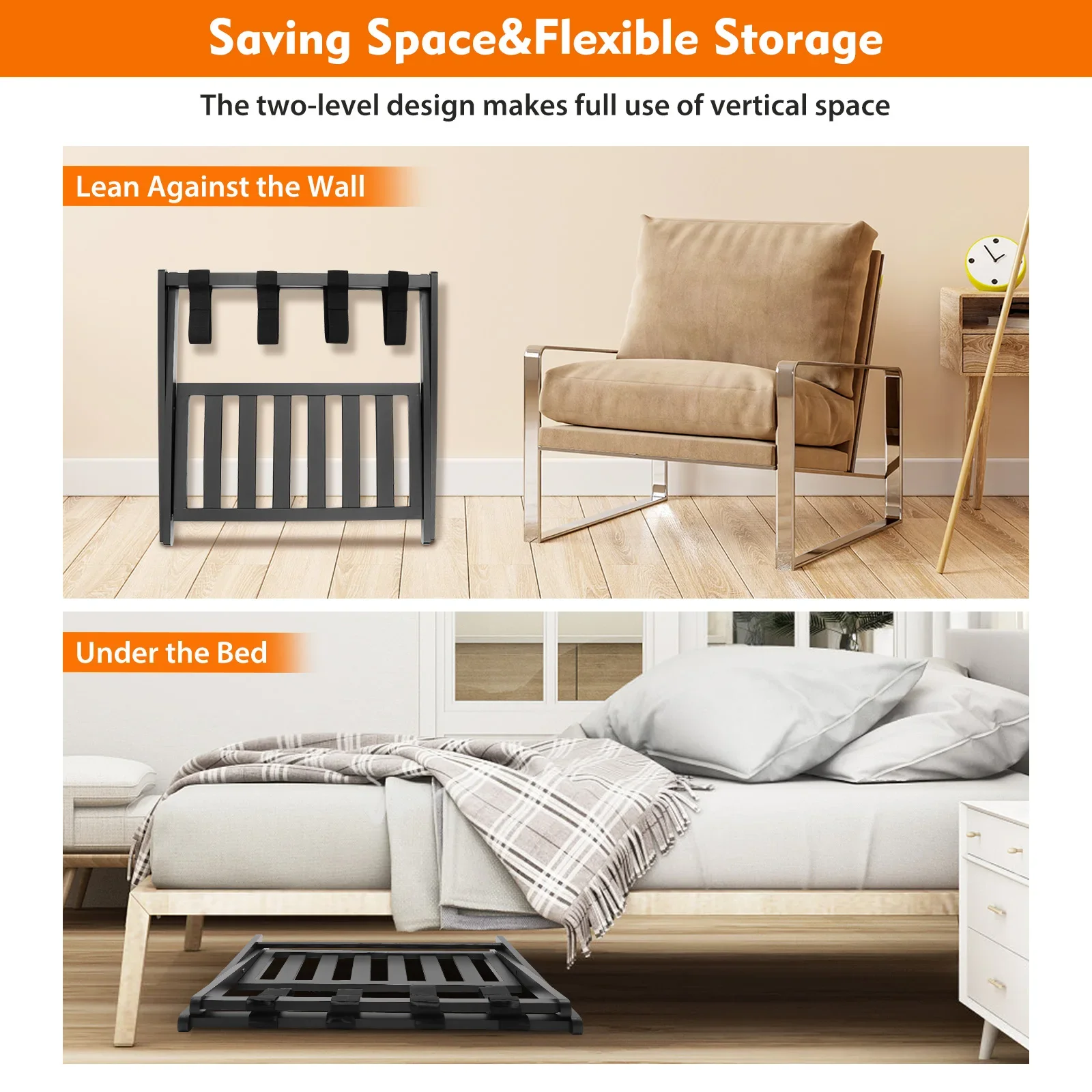 Versatile Bamboo Luggage Storage Rack Double-Layer 100KG Load Foldable Hollow Base Stylish Design For Home Hotel