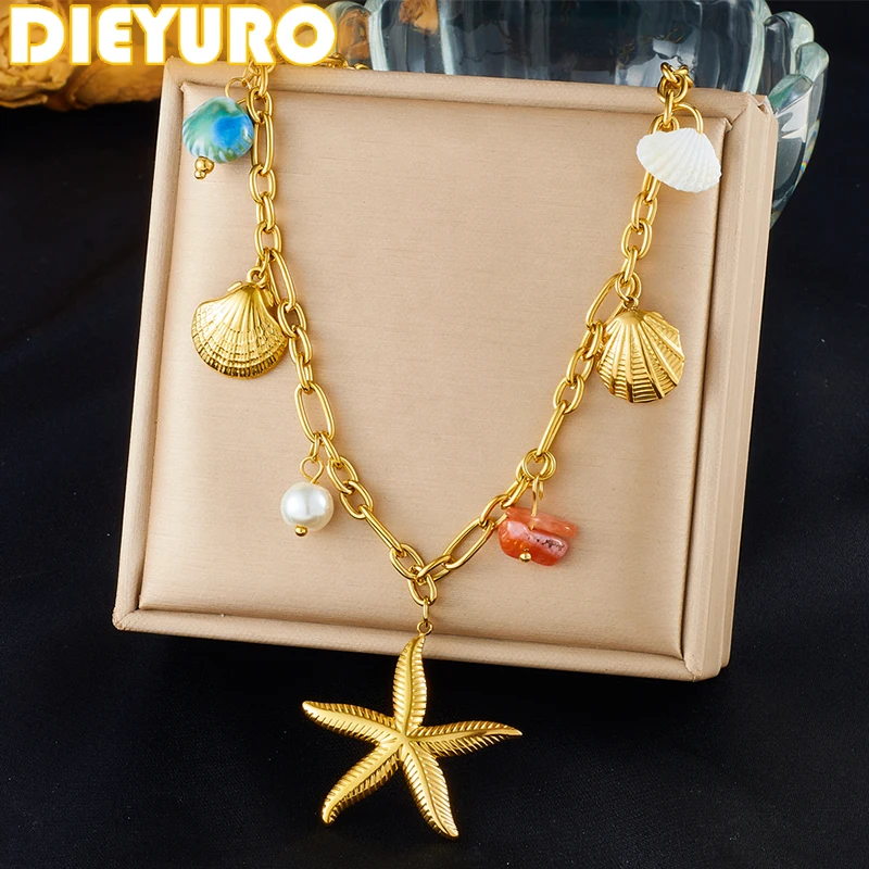

DIEYURO 316L Stainless Steel Golden Starfish Pearl Pendant Ocean Wind Necklace Lady New Fashion Neck Chain Jewelry Party Gift