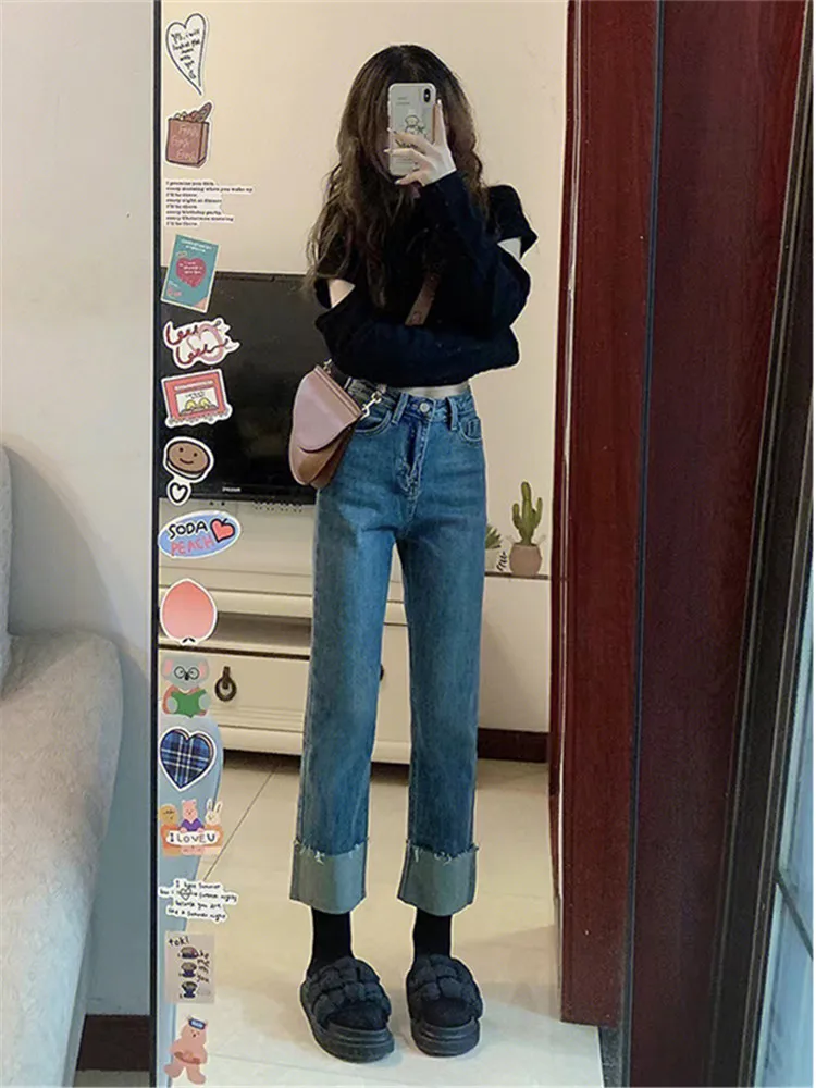 Retro High Waist Slim Fit Straight Leg Denim Jeans Women's Autumn Winter High Waist Slimming Stretchy Cuffed Nine Tube Pants