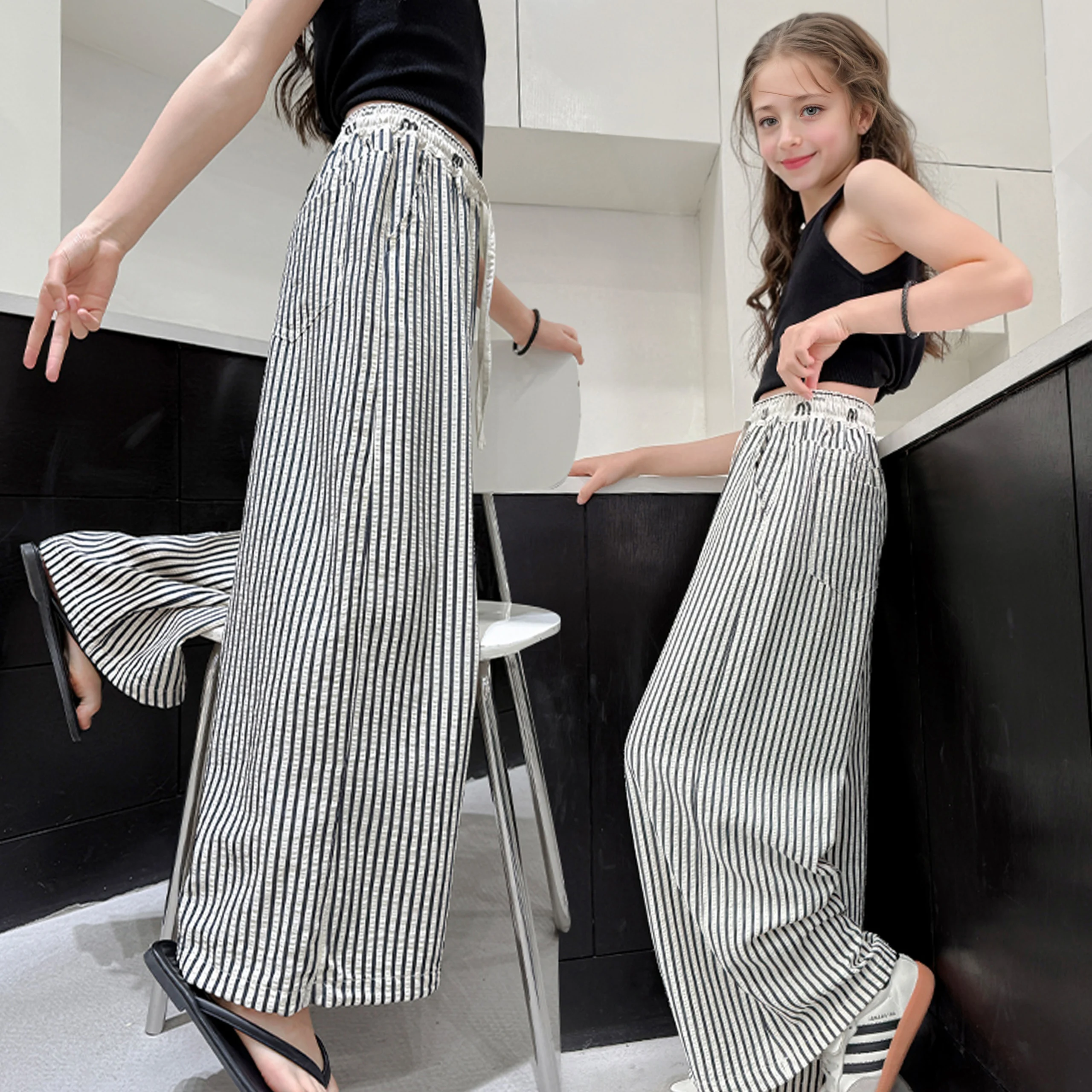 Girls spring and summer trousers 2026 new casual striped wide-leg pants medium and large children's trousers suitable for 7-15 y