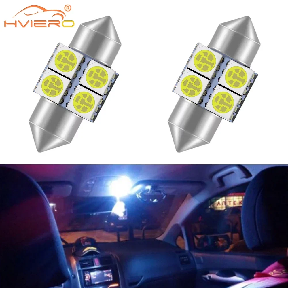 2X Car Led Interior Reading Light Dome Festoon Bulb 31mm 4SMD 5050 DC 12V Double Pointed Doors Lamp White Universal Modification