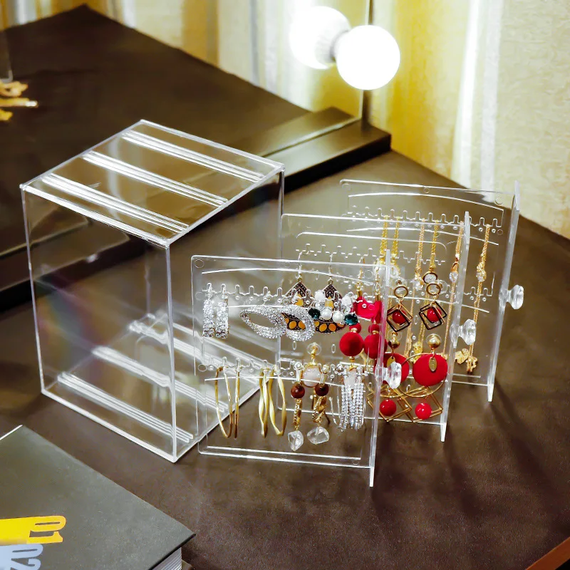 Clear 3 Drawer Jewelry Storage Box Acrylic Earrings Holder Organiser Necklace Dust-proof Hanging Rack Jewelry Display Stand