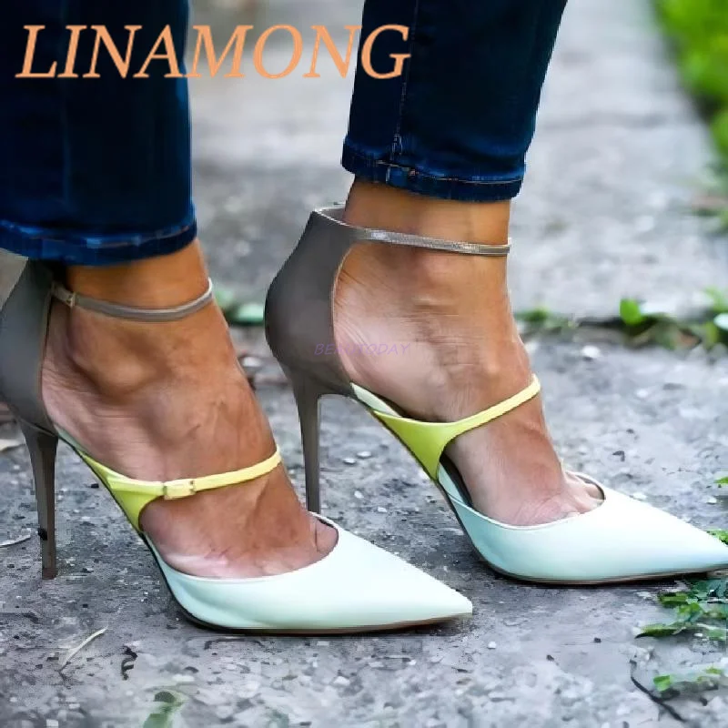 Pointed Belt Buckle Single Shoe Fashionable Simple Ankle Buckle Color Blocking Design for Women's Temperament Slim High Heels