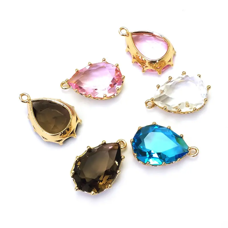 6PCS 18x11MM 22x14MM High Quality Champagne Gold Color Brass and Glass Tear Drop Shape Colourful Glass Beads Charms Pendants