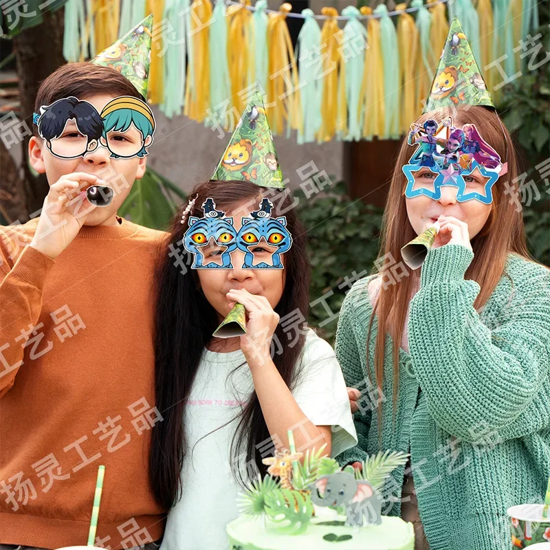 12pçs óculos de papel kpop demon hunters, óculos de papel para show de bebê, festa diy, decoração de feriado, rumi kawaii, desenhos animados, suprimentos de aniversário, presente para crianças