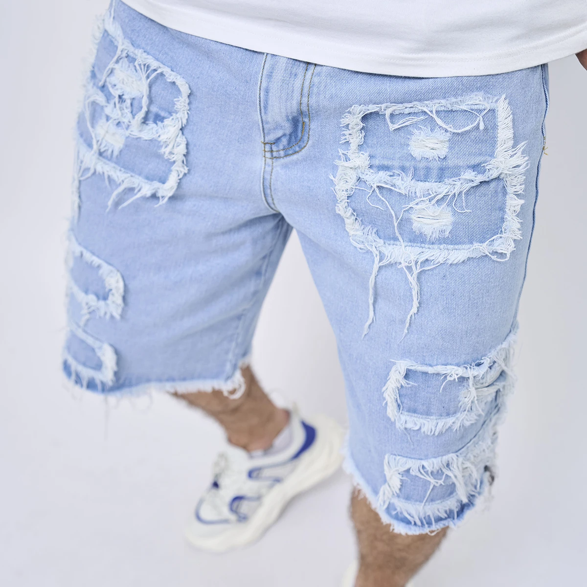 Pantalones cortos vaqueros con parches rasgados para hombre, Vaqueros rectos informales lisos y elegantes, verano 2024