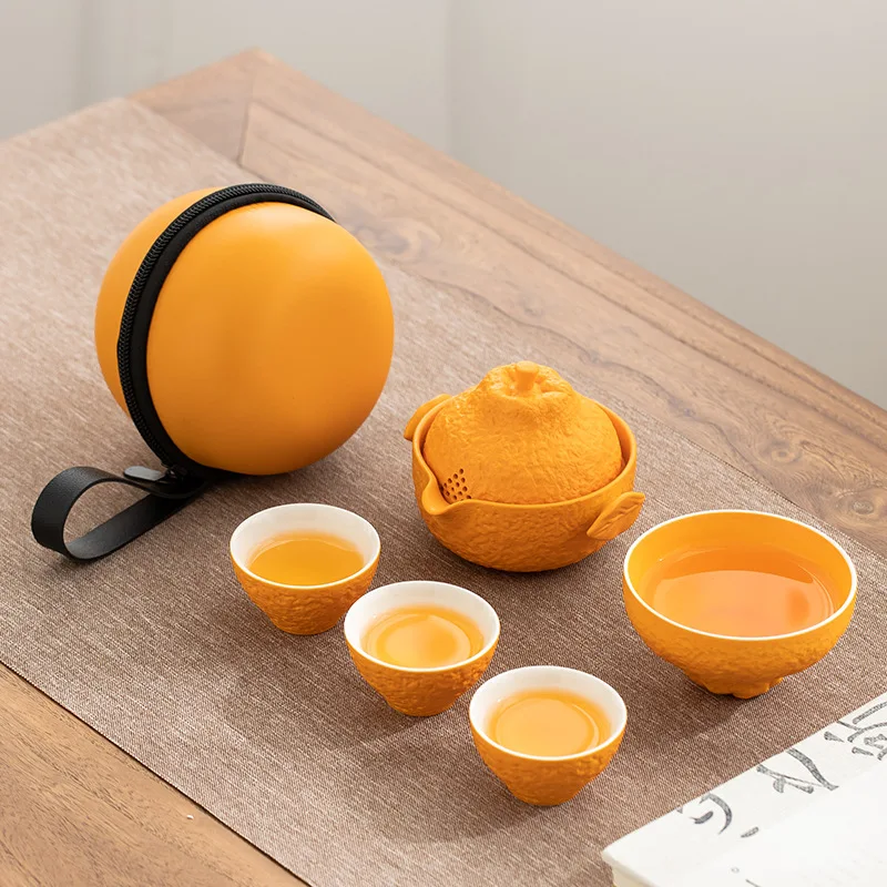 

Portable travel teaware sets small set of equipment orange outdoor bag simple portable single quick teacups