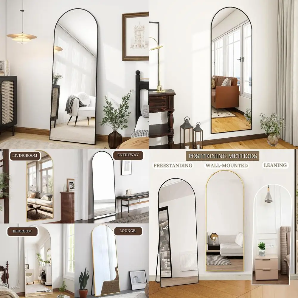 Arched Full Body Floor Mirror, 56x20 Black Frame, Standing or Wall Mounted, Hanging or Leaning Options, Large Mirror for Home De