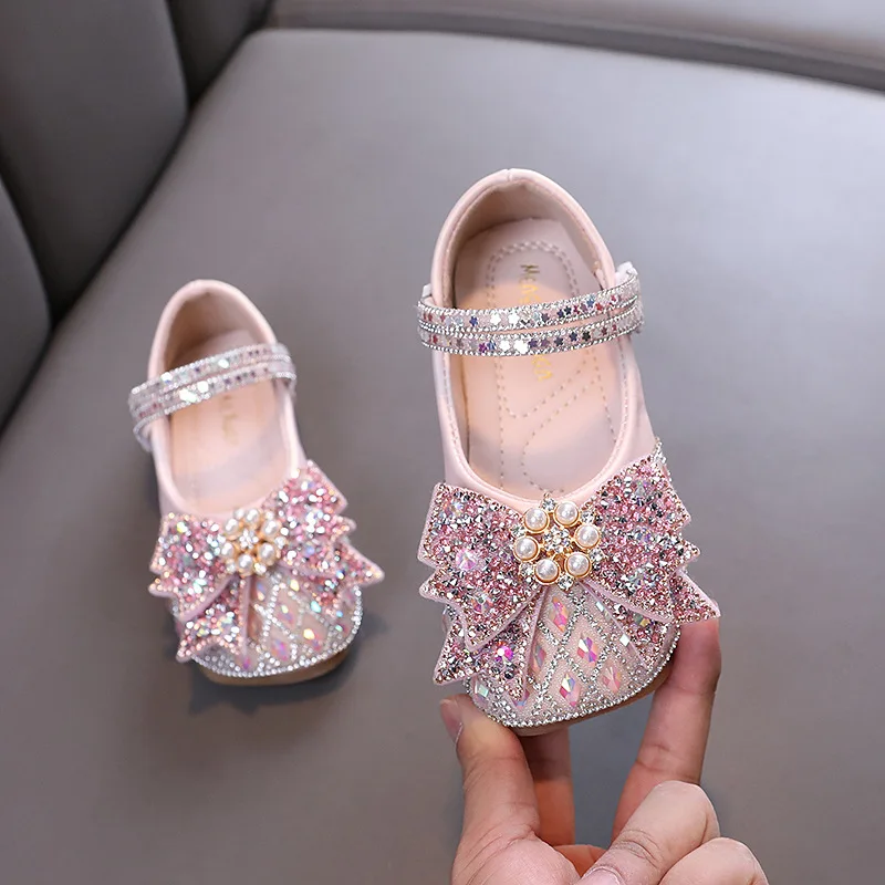 Girls Pearl Bowknot Leather Shoes Spring New Children\'s Crystal Wedding Shoes Fashion Baby Kids Performance Dance Shoes J316