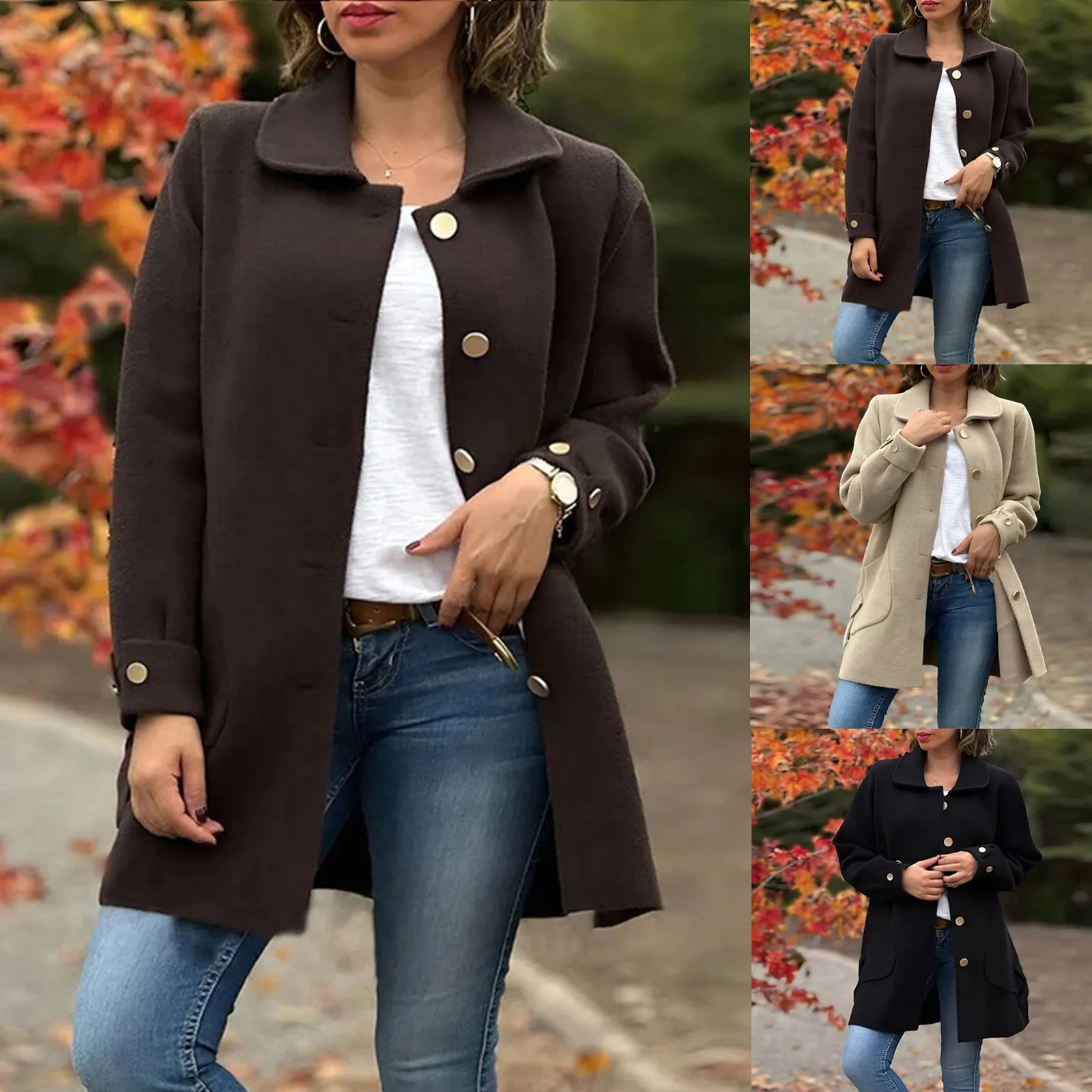 Women Wool Jacket Single Breasted For Autumn Winter With Lapel Collar Thick Warm Outerwear With Pockets Windbreaker