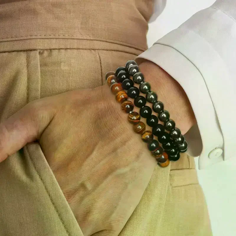 3 Pcs Set Bohemian Gemstone Bracelet Women Men Tiger Eye Black Obsidian Hematite Lucky Wealth Love Gift