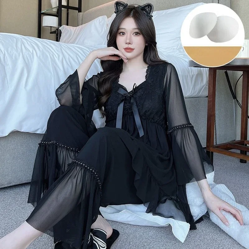 New Modal Mesh Pajamas for Women in Spring Autumn Long Sleeved Loungewear Sweet Chest Pad Thin Sleepwear Summer Homewear