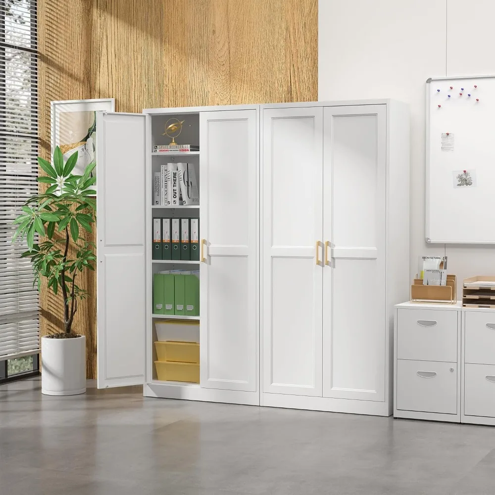 SteeLoong Kitchen Pantry Cabinet,71”White Metal Pantry Storage Cabinet with Doors and 4 Adjustable Shelves,Kitchen Cabinet with 2 Gold Handles,Tall Cabinet for Livingroom,Pantry, Bathroom,Kitchen