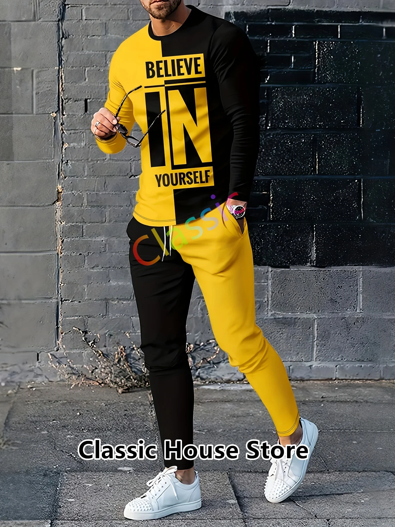 Conjunto de 2 piezas para hombre, camiseta de manga larga y pantalones, ropa deportiva informal para correr, chándal de moda, ropa de gran tamaño